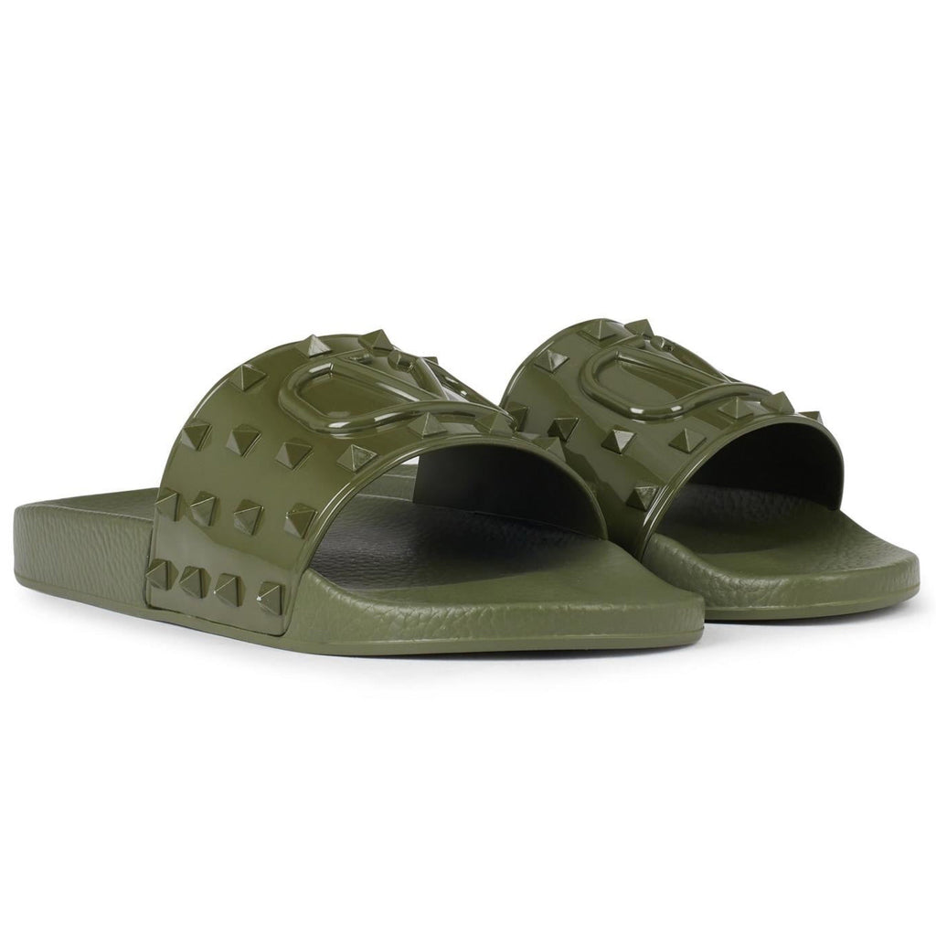 Valentino Khaki Logo Embossed Rubber Sliders