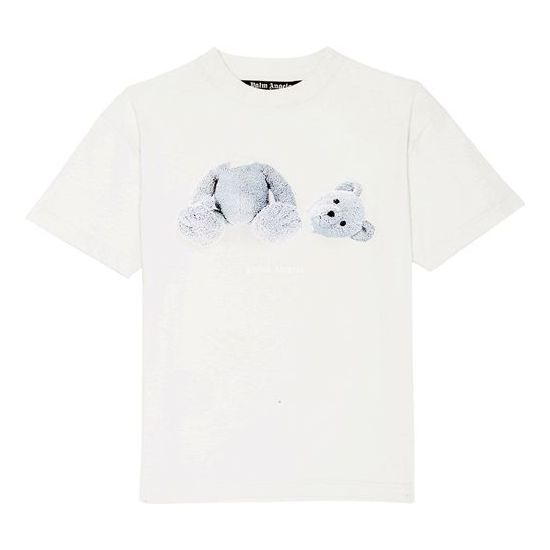 Men's PALM ANGELS Teddy Bear Pattern Printing Round Neck Short Sleeve White PMAA001E20JER0044401